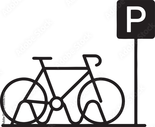 Black line bicycle parked next to a black and white parking sign on a white background also transparent background