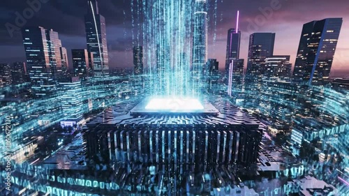 Futuristic cityscape with neon lights and data visualization