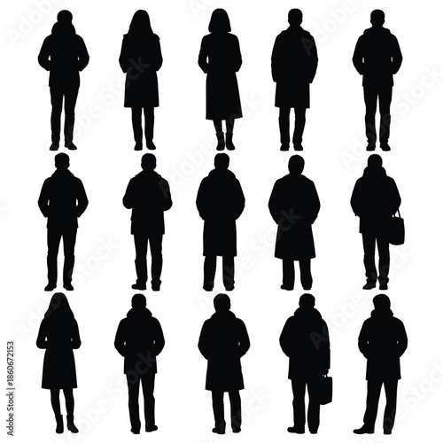 Silhouettes of diverse people standing alone in various poses and attire