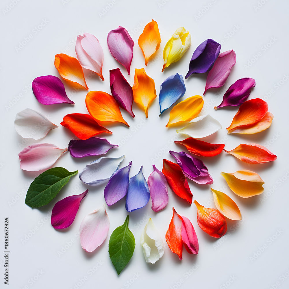 Fototapeta premium Colorful Flower Petals Circular Arrangement on White Background
