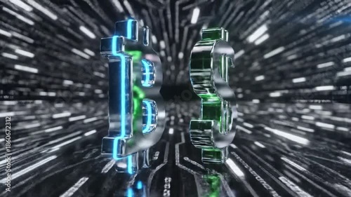 Animated neon bitcoin and dollar signs on futuristic circuit board