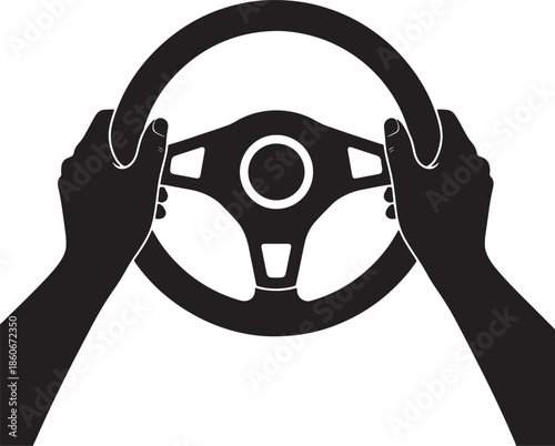Black silhouette of hands gripping a car steering wheel on a white background also transparent background