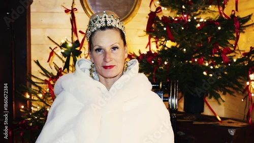 Woman in a white fur cloak and jeweled crown poses indoors with decorated Christmas trees and warm lights in the background, creating a regal and festive holiday atmosphere.