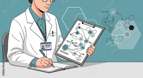 Illustrative scientist analyzing molecular structures and processes for breakthrough research