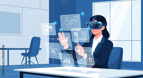 Immersive Analytics: Businesswoman Navigating Virtual Data Interfaces with VR Technology in Office