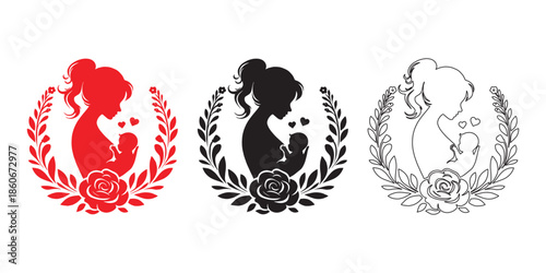 Mother and Child Silhouette with Floral Frame in Three Colors  