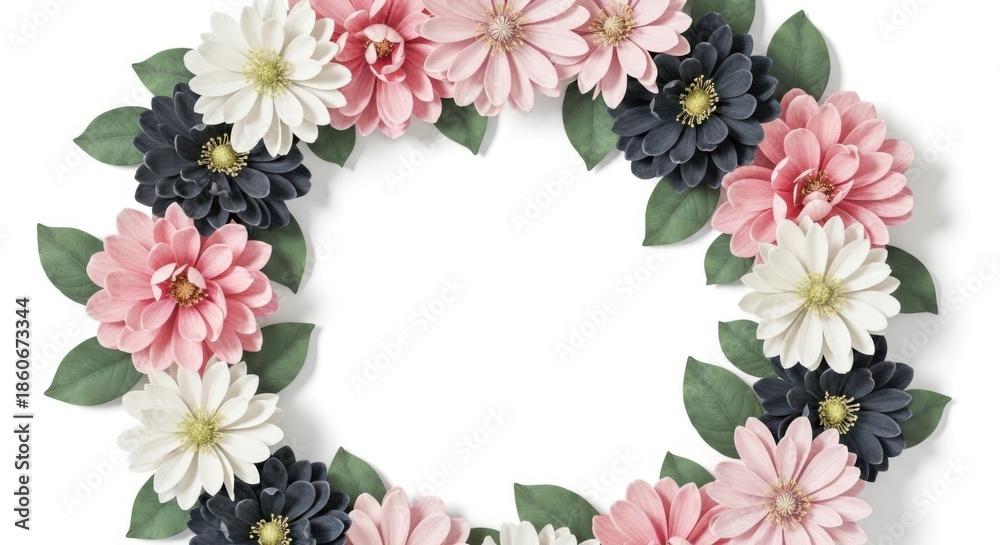 Fototapeta premium Beautiful floral wreath with pink white and black flowers