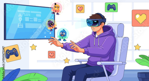 Immersive gaming experience: A young man explores virtual reality with colorful animated avatars