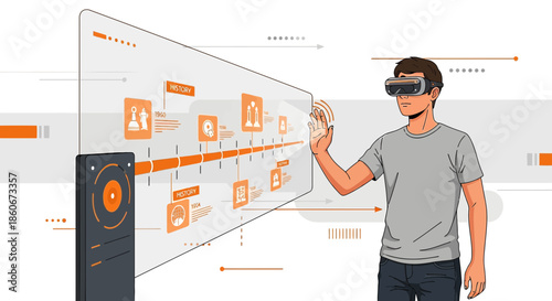Immersive history learning experience: Man exploring interactive timeline with virtual reality