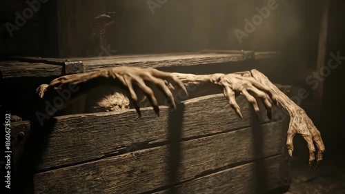 Gnarled skeletal hand reaching from wooden chest eerie atmospheric light decayed hands from wooden
