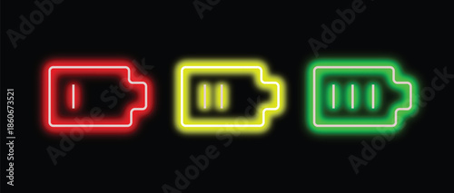 Neon Glowing Battery Charge Level Icons Set with Low, Medium, and Full Energy Indicators on Black Background
