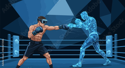 Immersive virtual reality boxing match: Athlete competing with a digital avatar in ring