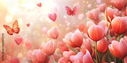 Romantic Tulip Flowers With Floating Hearts in Soft Light