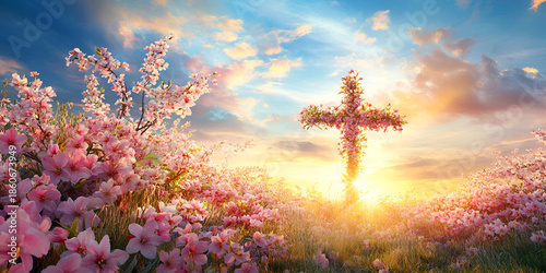 Cross of Faith at Sunrise Over Flowering Meadow Landscape