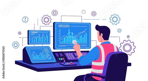 Industry worker analyzing production charts and data on multiple screens in control room