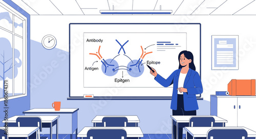 Immunology lesson illustration: Female teacher explaining antigen-antibody reaction diagram in