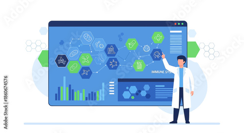 Innovative medical scientist analyzing immune system data on an interactive dashboard display