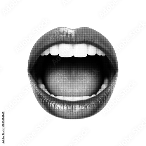 Open mouth with visible lips and teeth, halftone black-and-white illustration. Bold retro style symbolizing speech, voice, expression, desire, or communication on white background.