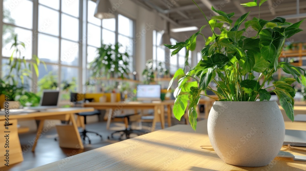 Fototapeta premium Modern open-plan eco office with large windows and lush foliage in a biophilic workspace