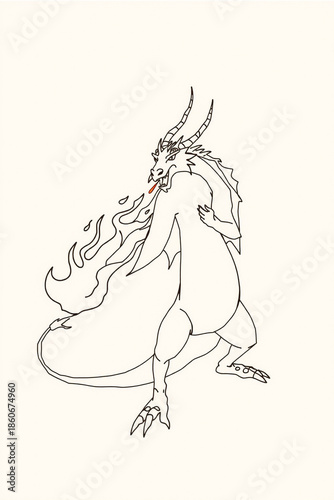 Line Art Of A Dragon Breathing Fire Simple Contour Drawing
