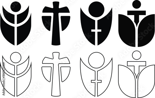 Set of religious faith emblems. christian cross and floral petal shapes. Solid and line vector style
