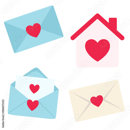 Love mail, love messages and letters. Valentine’s day elements vector retro cartoon set. Valentine's day, wedding and love concept. Perfect for stickers and greeting cards