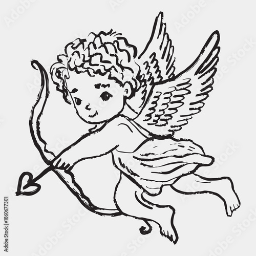 Hand drawn flying cherub aiming heart-tipped arrow. Whimsical romance concept, Valentine's day symbol. Vector sketch illustration in vintage crayon charcoal style.