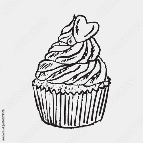 Hand drawn cupcake with whipped cream and heart decoration. Valentine's day dessert. Vector sketch illustration in vintage crayon charcoal style