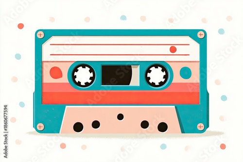 Retro audio cassette icon in flat illustration style, featuring vibrant colors and playful design elements, perfect for nostalgic music themes and creative projects with copy space
