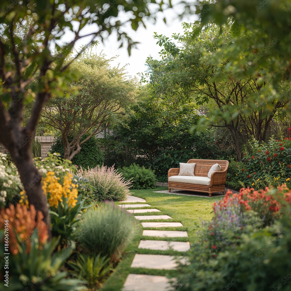 Obraz premium Cozy Seating Area Surrounded by Flowers and Greenery in a Small Garden