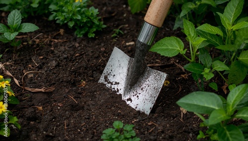 Gardening Tool Digging Into Soil Surrounded by Plants in a Garden Setting