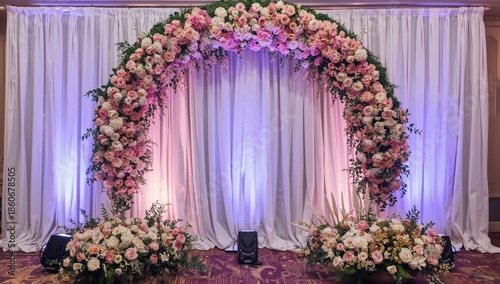 Flower Arch With Pink and White Blooms for Event Decoration in Indoor Venue