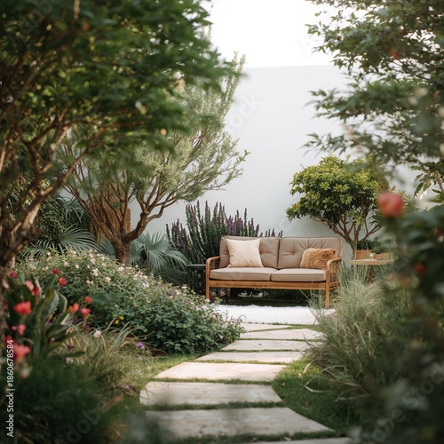 Cozy Seating Area in a Garden With Flowers and Greenery During Daylight
