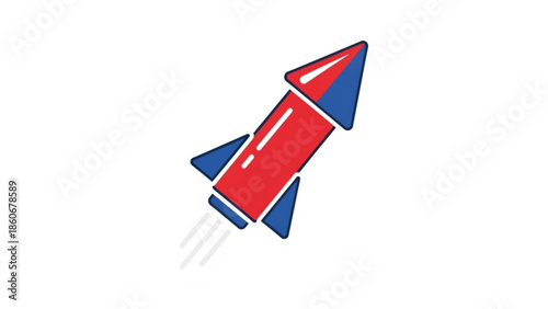 Red and Blue Cartoon Rocket Taking Off Isolated on White, Symbolizing Startup Success