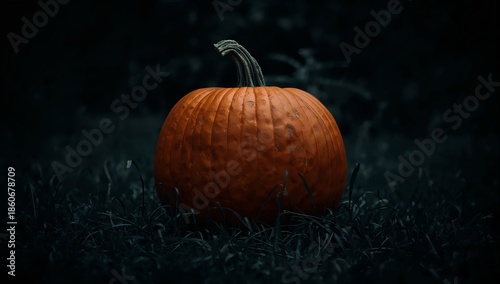 Pumpkin Placed on Grass During Evening Hours in an Outdoor Setting