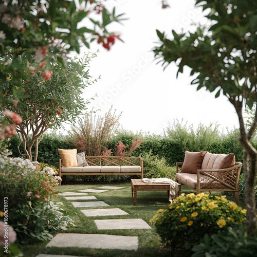 Cozy Seating Area in a Garden With Flowers and Greenery During Daylight