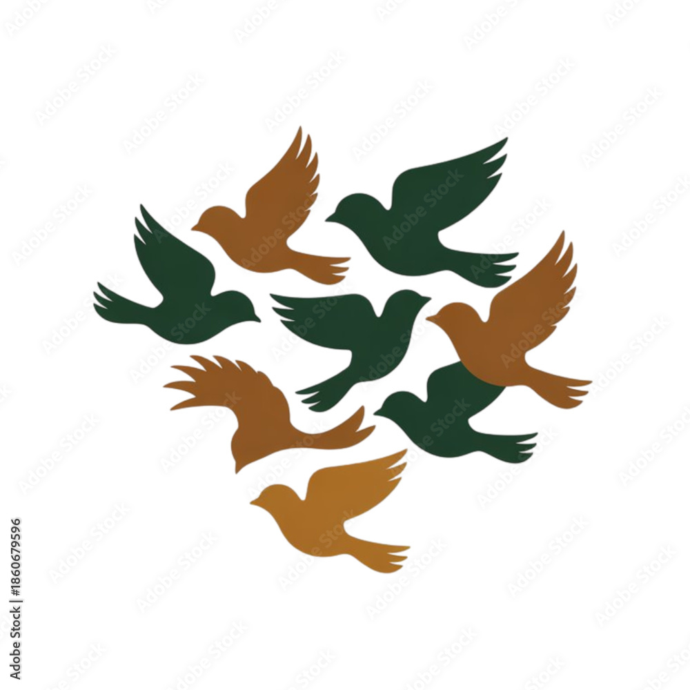 Obraz premium Flock of birds in flight with green and brown feathers Vector, illustration