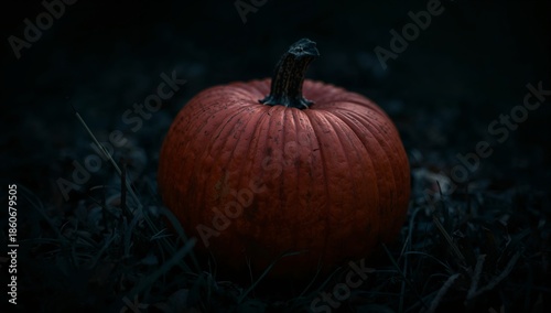 Pumpkin on Grass During Evening in a Garden Setting With Dark Background