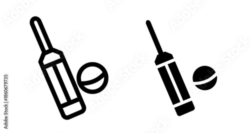 Cricket bat and ball Icon collection in filled and stroke style.