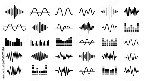 Extensive Set of Sound Wave and Equalizer Bar Audio Icons on Isolated White Background
