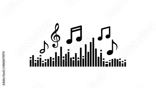 Musical Equalizer Graphic with Black Music Notes and Bar Audio Spectrum, Isolated White Background