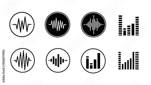 Set of Black Music and Sound Equalizer Icons with Circular Sound Waves and Vertical Bars, Isolated White Background