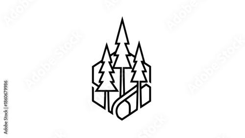 Abstract Outline Pine Tree Forest Landscape Icon on Isolated White Background