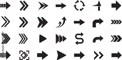 Collection of various black arrow icons on white background