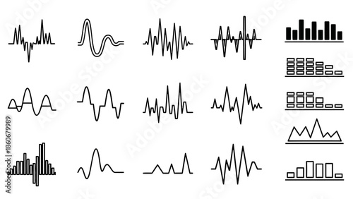 Collection of Sound Wave and Equalizer Bar Icons on Isolated White Background