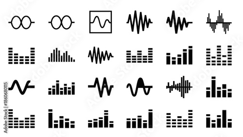 Extensive set of diverse black audio waveform and equalizer icons with various patterns on isolated white background.