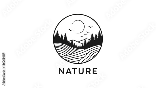 Circular Nature Logo with Pine Trees, Rolling Hills, Birds Flying, and Sun, Serene Outdoor Landscape on an Isolated White Background