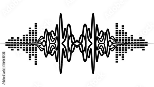 Dynamic Complex Sound Wave and Audio Equalizer Pattern with Intertwined Lines and Frequency Blocks on an Isolated White Background