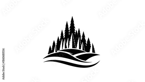 Stylized Pine Forest Landscape Silhouette on Rolling Hills, Nature and Wilderness Concept on an Isolated White Background