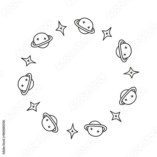 Cute round frame with hand drawn outline planets and stars isolated on white background. Boho whimsical circle composition.